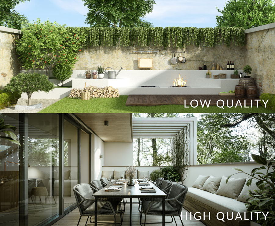 high-quality 3d rendering vs low quality